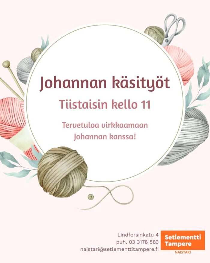 Kevään aikana Johannan käsityötuokio aina tiistaisin kello 11! 

Tervetuloa opettelemaan virkkausta tai tekemään jo aloiteltua työtä kahvikupin ja hyvän seuran kera ❤️

Lindforsinkatu 4 (2.kerros)
33720 Tampere
03 3178583
naistari@setlementtitampere.fi

#naistari
#setlementtitampere
#käsityöt
#virkkaus
#tämäkinonsetlementtitampereentoimintaa 
#josmeitäeiolisi 
#rohkeastiihmisenpuolella